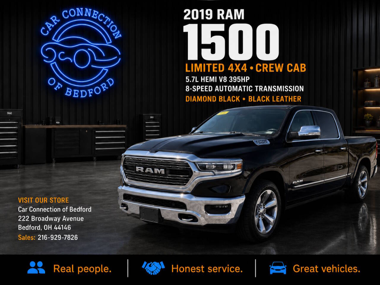 2019 RAM 1500 Limited 4x4 4dr Crew Cab 5.6 ft. SB Pickup in Diamond Black Crystal Pearl — front three-quarter view