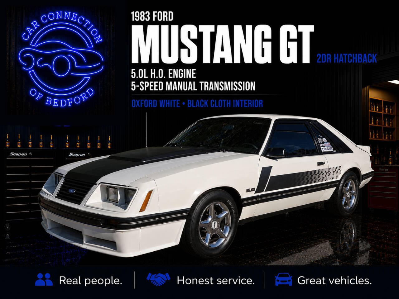 1983 Ford Mustang GT 2dr Hatchback in Oxford White — front three-quarter view
