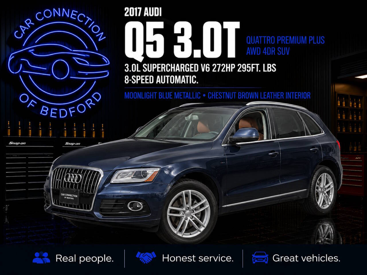 2017 Audi Q5 3.0T quattro Premium Plus AWD 4dr SUV in Moonlight Blue Metallic — front three-quarter view